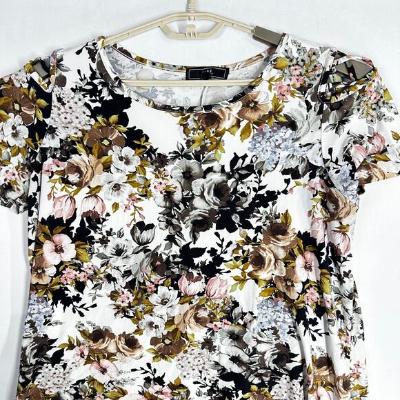 Vibe Dress Women Plus 1X Brown Pink Blue Floral Short Sleeve Stretch Round Neck - Picture 3 of 9